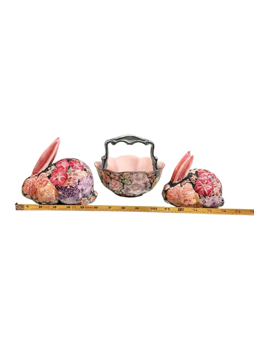 Floral Ceramic Bunny Rabbit Figurines Bowl Set Of 3 SACHET F Atkins Inc Vintage - Picture 9 of 15